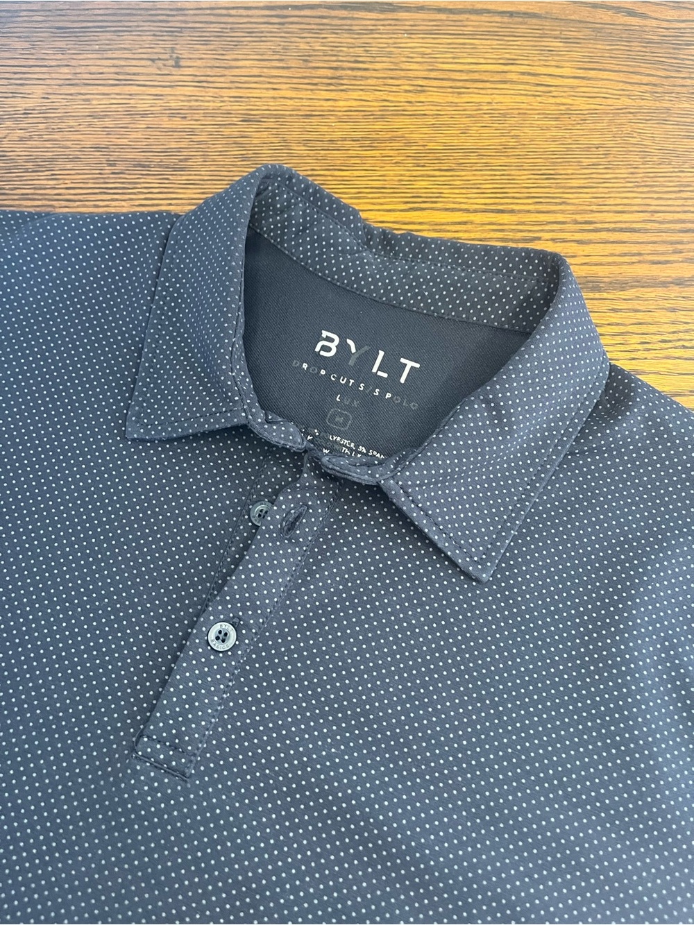 BYLT Shirt Mens M Blue Polka Dot Drop Cut S/S Polo Lux Performance Golf Stretch